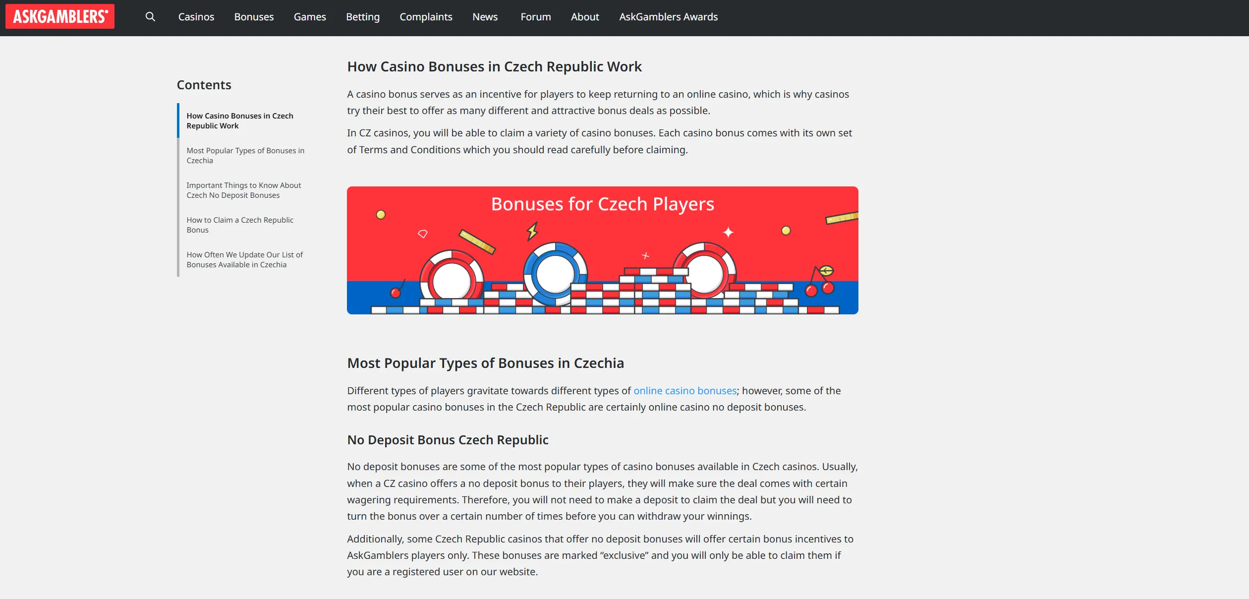 Screenshot of Askgamblers.com - Czech Republic Casino Bonus - No Deposit & Free Spins Offers